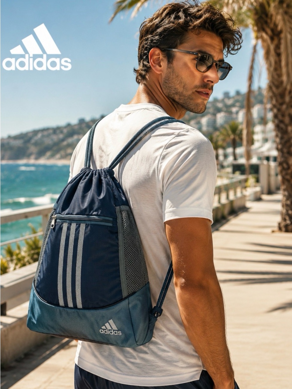 ADIDAS Navy & Gray Drawstring Backpack | Mesh Side Pockets | Sport Gym Bag